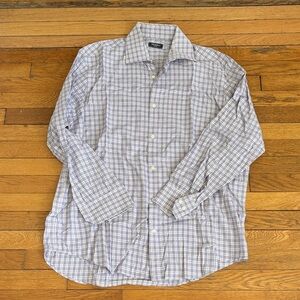 Saks Fifth Avenue Light Purple and White Plaid Men's Button-Down Shirt